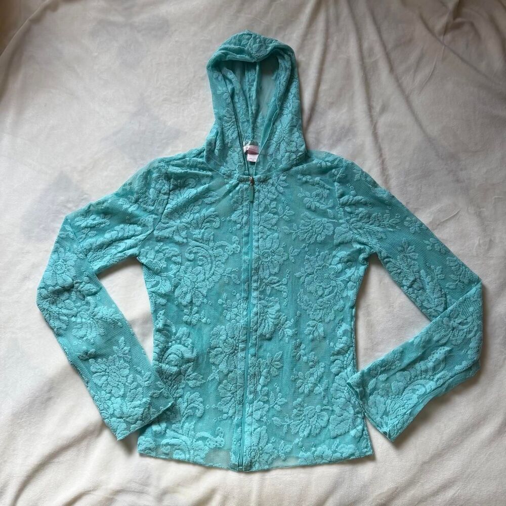 vintage y2k fairy festival Victoria's Secret turquoise sheer lace zip hoodie XS